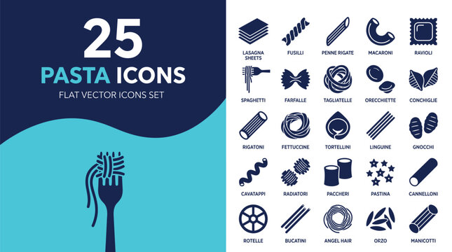 A collection of 25 flat vector icons representing various pasta shapes.