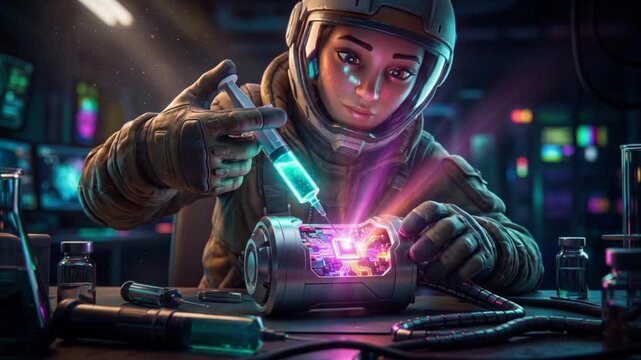暗い研究室で金属製の生体インプラントに発光液を注入するバイオエンジニアの3DCG動画