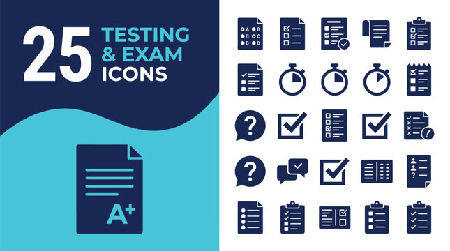 Collection of 25 testing and exam icons with a large A+ grade.