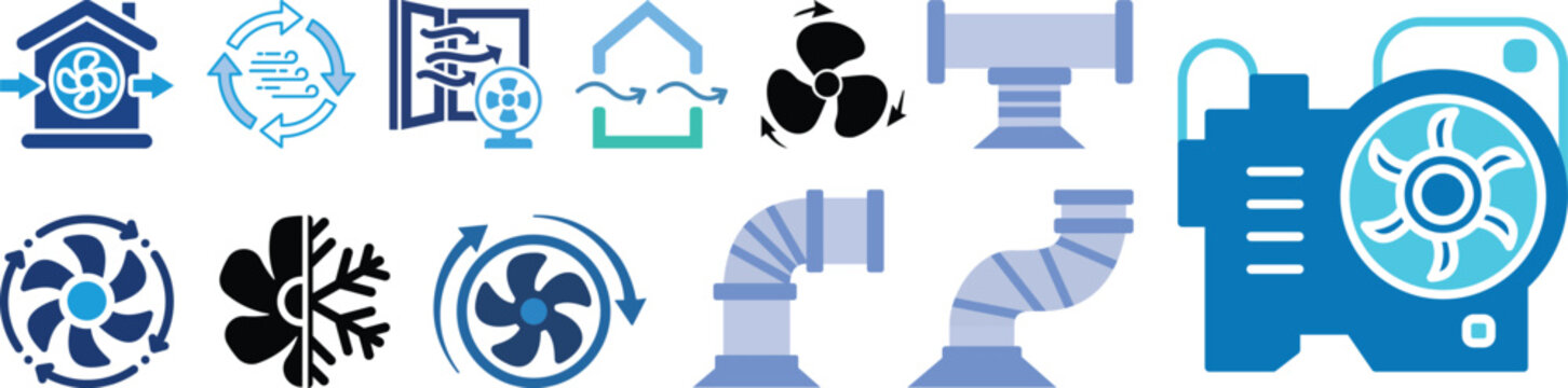 Ventilation System icon set. Containing air conditioner, fan, exhaust fan, air duct system, humidifier, vent and more. Solid vector icons collection. Vector illustration.hvac icon.Ventilation and hvac