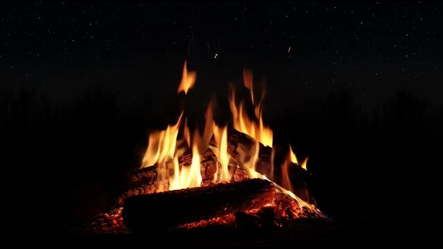 Bright campfire burning in the dark night with glowing embers and starry sky background