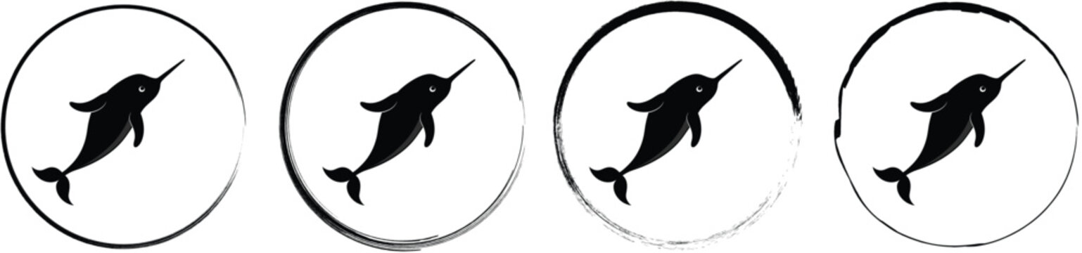 Four circular displaying a black swordfish silhouette swimming with varied black circular border styles on a clean white background surface