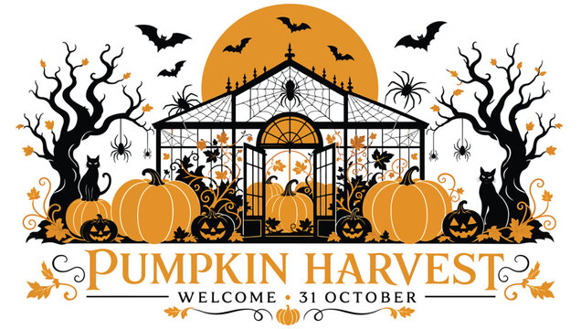Halloween pumpkin harvest with black cats, bats, spiders, and a greenhouse