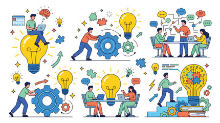 Fototapeta premium Creative idea generation brainstorming and business innovation concept illustration set 