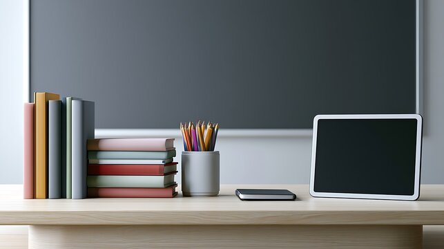 School desk with books, pencils, and tablet in front of blackboard