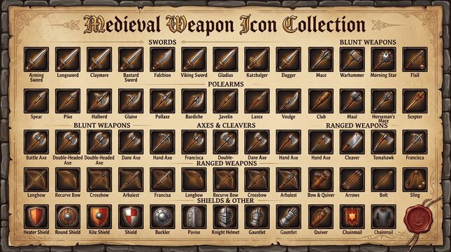 An extensive collection of fantasy-style medieval weapon and armor icons, meticulously organized on an aged scroll background.