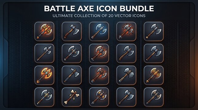 A comprehensive bundle of twenty diverse fantasy battle axe vector icons, featuring various metallic finishes and magical glow effects suitable for game design.