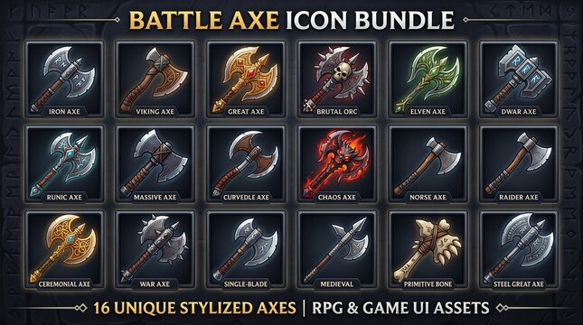 A diverse bundle of sixteen unique, stylized battle axe icons, featuring various designs, materials, and colors suitable for fantasy game UI assets.