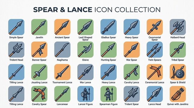 A comprehensive icon collection showcasing various historical and fantasy spears, lances, and polearms with distinct designs and labels.