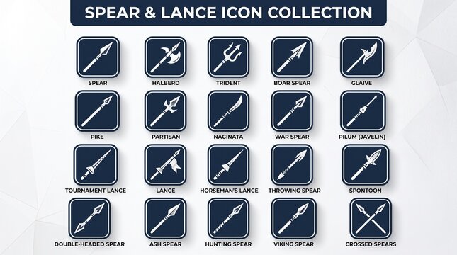 A comprehensive collection of twenty distinct spear and lance weapon icons, each clearly labeled with its specific type.