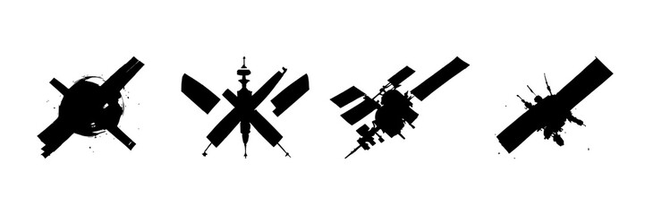Satellite set with deep-space orbital silhouette designing featuring black, white background, solar wings with space exploration and tech theme © Md