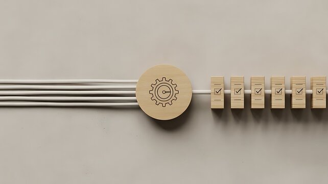 Technical workflow and process optimization concept with a wooden gear connected to a line of checkmark cubes on a neutral background surface