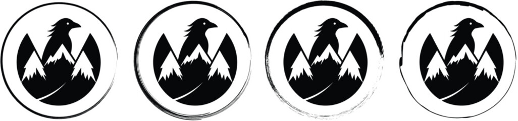 Obraz premium Four circular badges displaying a black raven silhouette perched in front of snowy mountain peaks with different textured black circular frames