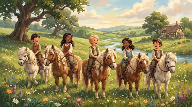 Happy diverse children riding ponies in a scenic countryside meadow with flowers
