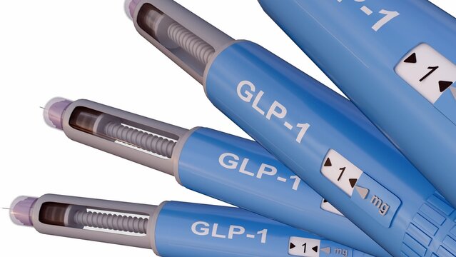 A 3D render of blue injectable medication pens. Each pen clearly displays the text "GLP-1". A prominent class of medications designed to mimic natural incretin hormones.
