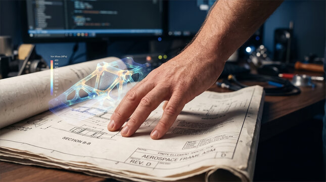 Engineer hand touching blueprint with digital stress analysis hologram