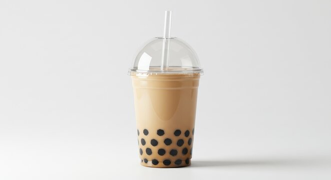 Cold bubble tea in a plastic cup with a straw.