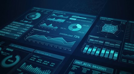 Fototapeta premium Futuristic dark blue digital dashboard displaying complex system monitoring metrics, network traffic graphs, performance charts and unit beta data for cybersecurity or server ma...