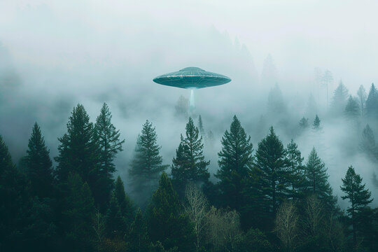Oval UFO saucer hovering over beautiful landscape in deep dramatic sky
