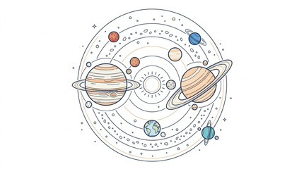 Illustrated Solar System with Planets and Orbits. © Jiwaskz