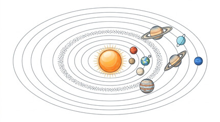 Illustrated solar system with planets orbiting the sun. © Jiwaskz