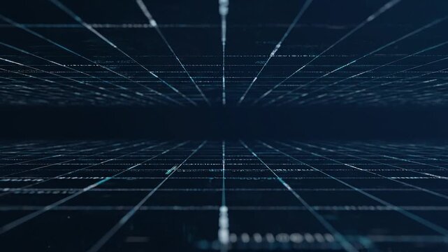 暗い空間の上下に伸びる格子状のデータグリッドが奥へ続く洗練されたサイバー空間の3D背景動画素材