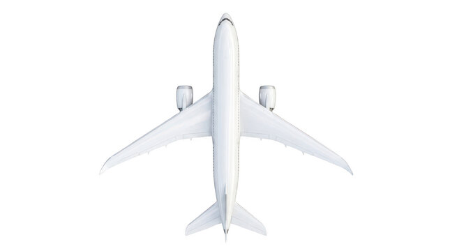 Top view of a modern white passenger airplane isolated on transparent background
