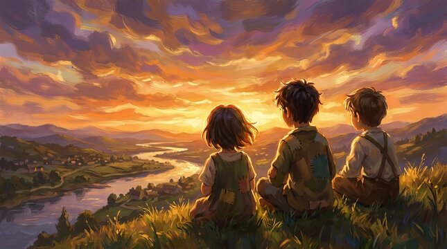 Three children sitting on a hillside watching a stunning sunset over valleys and rivers