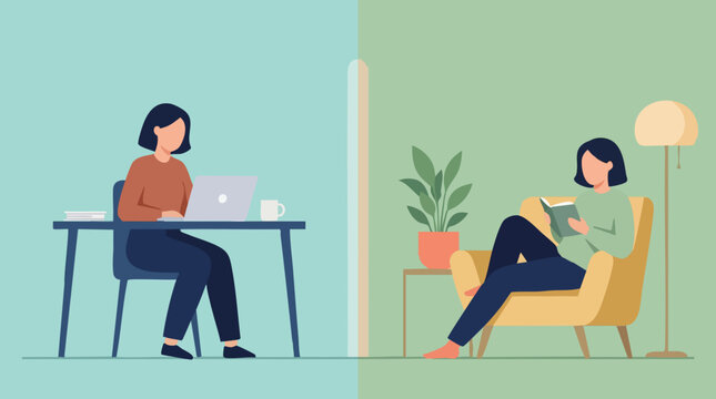 Work-life balance concept with woman working from home and relaxing