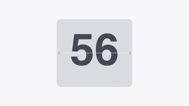 White 60 second flip clock countdown timer from 60 to 1, split flap number animation