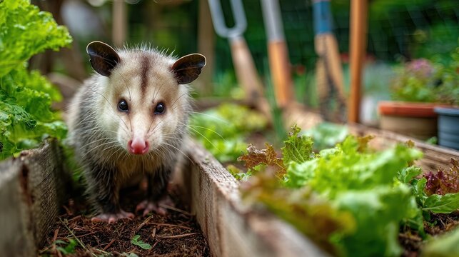 Opossum in a Lush Garden Setting