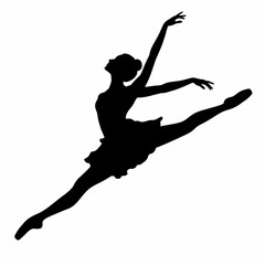 Fototapeta premium Black silhouette of a female ballet dancer performing a grand jeté leap mid-air with extended arms and legs, wearing a tutu and pointe shoes, isolated on a white background.