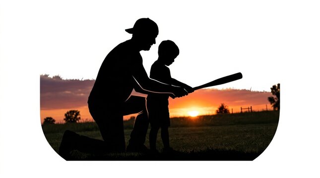 Silhouette of a father teaching his young son how to swing a baseball bat in a beautiful field during a golden sunset