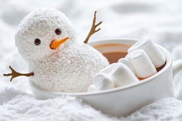 Obraz premium Snowman made of marshmallows in hot chocolate with candy cane decoration