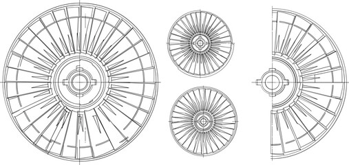 Technical drawing of mechanical turbine blades and circular fan impeller components © Abu Siddik