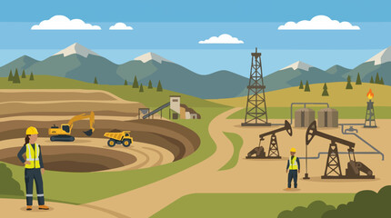 Industrial landscape with mining and oil drilling operations and workers © Ayesha