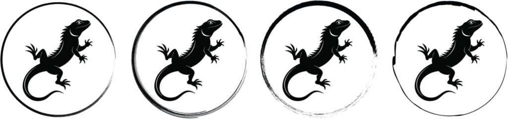 Fototapeta premium Collection of four circular badges showing a black silhouette of a lizard climbing, isolated on a white background