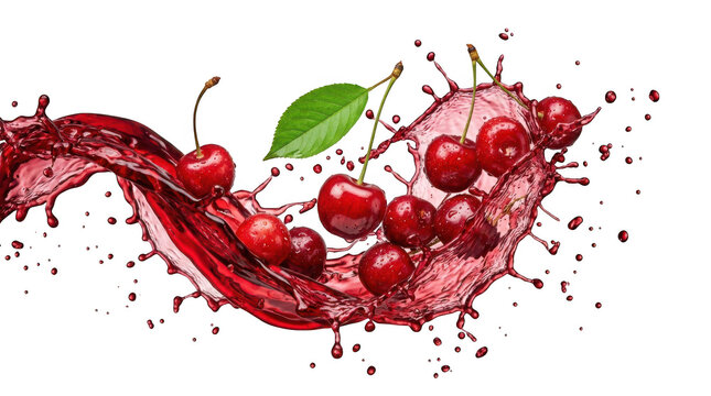 Fresh red cherries with green leaf splashing in juice isolated on transparent background