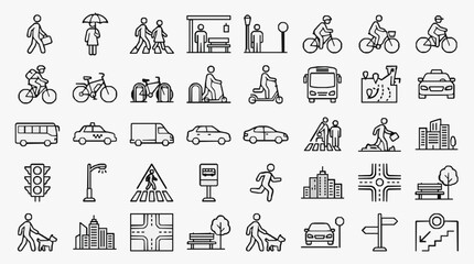 Corporate Collection of Minimalist Black and White Icons Featuring Urban Mobility Transportation and City Life Symbols © Cantika