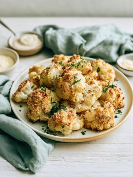 Golden crispy roasted cauliflower florets seasoned with green herbs served on ceramic plate with dipping sauce, healthy vegetarian vegan side dish, clean eating plant based recipe culinary concept.