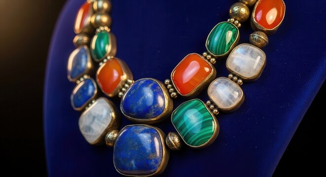 Chunky Statement Necklace with Lapis Lazuli, Malachite, and Moonstone Gems