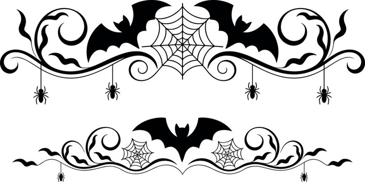 Halloween decorative borders with flying bats, spider webs, and hanging spiders for festive holiday cards and graphic designs.