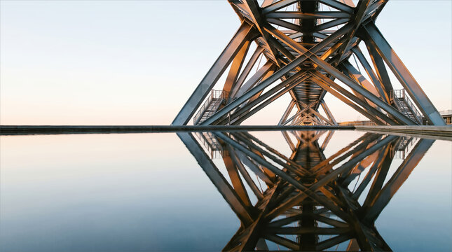 Abstract steel beam structure reflected in water at sunset