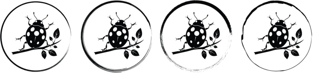 Four circular featuring a black silhouette of a ladybug on a leafy branch, isolated on a white background © SilhouetteStore