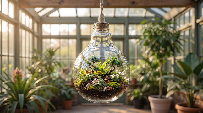 Glass light bulb terrarium hanging inside a modern greenhouse representing eco innovation and sustainable living