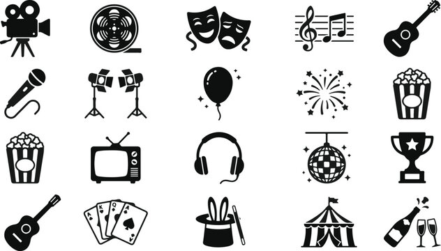 Entertainment Media Music Cinema and Event Black Glyph Icons Set