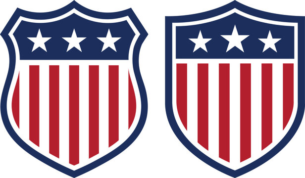 Patriotic red and blue american shield badge with three stars and stripes in two style variations