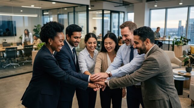 A diverse group of business professionals standing in a circle, holding hands in unity.