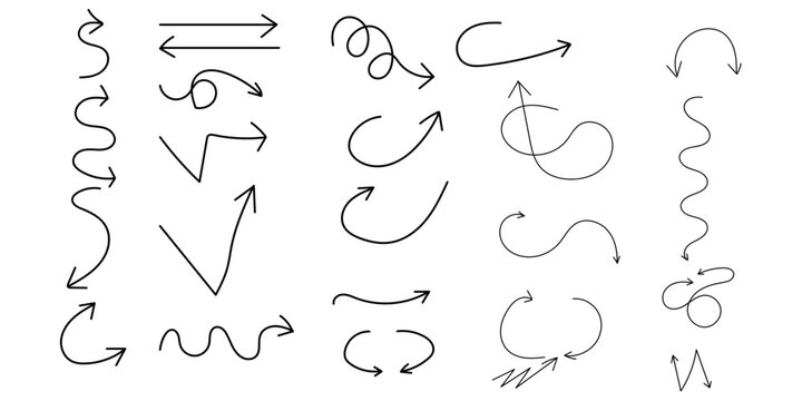 Hand Drawn Curved Arrow Collection on White Background