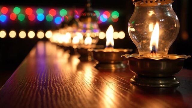 Burning oil lamps on wooden table with festive bokeh lights